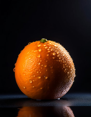 Close-up of fresh Citrus Fruit with water drops on a solid black backgroundの写真素材