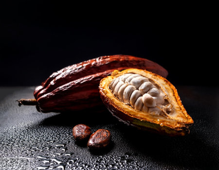 Close-up of fresh cocoa Fruit with bean with water drops on a pitch solid black backgroundの写真素材
