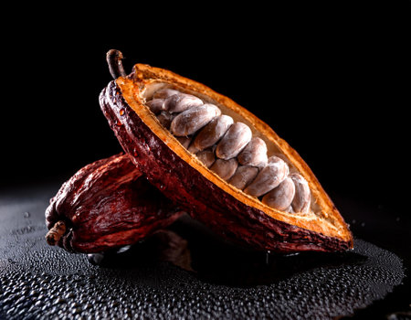 Close-up of fresh cocoa Fruit with bean with water drops on a pitch solid black backgroundの写真素材