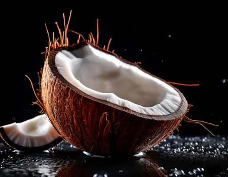 Close-up of fresh Coconut half with slice with water drops on a pitch solid black backgroundの写真素材