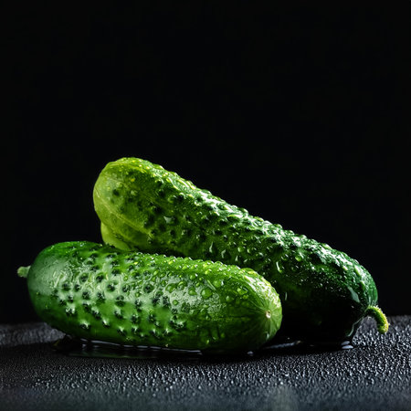Close-up of fresh cucumbers with water droplets on a solid black backgroundの写真素材