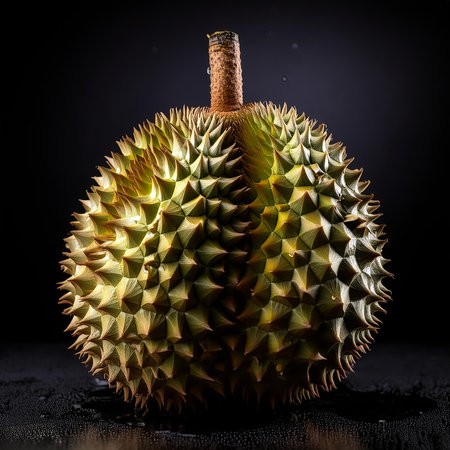 Close-up of fresh durian Fruit with water drops on a pitch white backgroundの写真素材