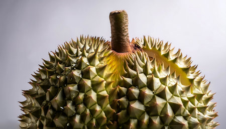 Close-up of fresh durian Fruit with water drops on a pitch white backgroundの写真素材