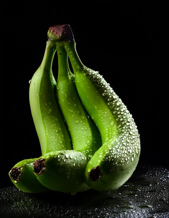 Close-up of fresh green banana with water droplets on a solid black backgroundの写真素材