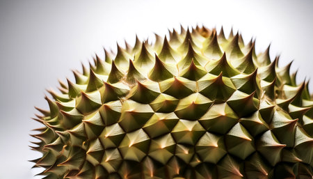Close-up of fresh durian Fruit with water drops on a pitch white backgroundの写真素材