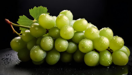Close-up of fresh Green grapes with water droplets on a solid black backgroundの写真素材