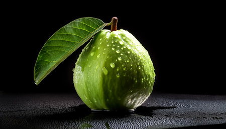 Close-up of fresh guava with water droplets on a solid black backgroundの写真素材