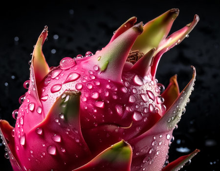 Close-up of Dragon Fruit with water drops on a solid black backgroundの写真素材