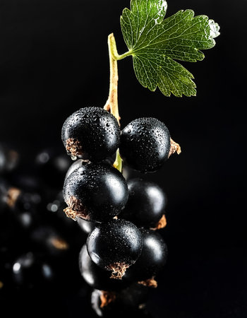 Close-up of fresh blackcurrant with water droplets on a solid black background