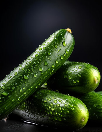 Close-up of fresh cucumbers with water droplets on a solid black backgroundの写真素材