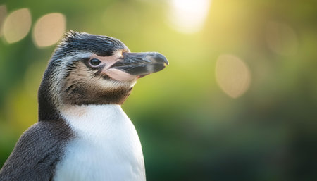 Penguin bird isolated with blur green bokeh backgroundの写真素材