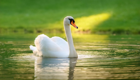 Swan bird isolated with blur green bokeh backgroundの写真素材