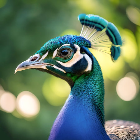 Peacock isolated with blur green bokeh backgroundの写真素材