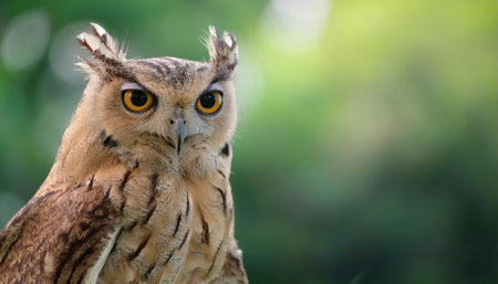 Owl bird isolated with blur green bokeh backgroundの写真素材