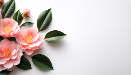 Fresh Camellia flower garland foliage on side position provides copy space for text. background concept isolated whiteの写真素材