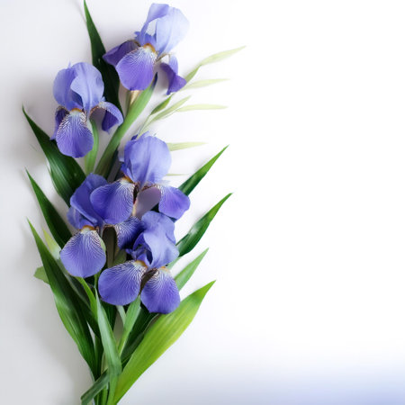 Fresh Iris flower garland foliage on side position provides copy space for text. background concept...