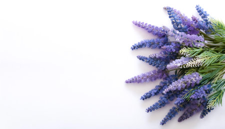 Fresh Lavender flower garland foliage on side position provides copy space for text. background concept isolated whiteの写真素材