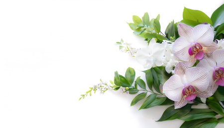 Fresh Orchid flower garland foliage on side position provides copy space for text. background concept isolated whiteの写真素材