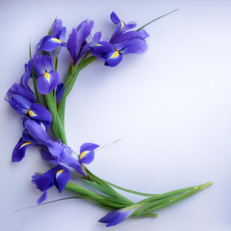 Fresh Iris flower garland foliage on side position provides copy space for text. background concept isolated whiteの写真素材