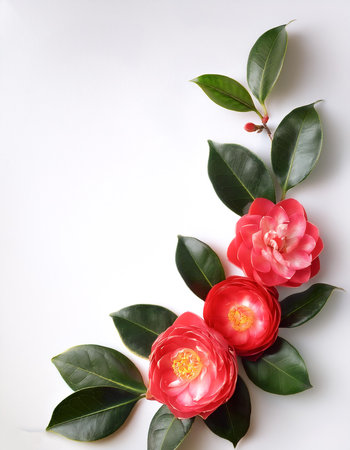 Fresh Camellia flower garland foliage on side position provides copy space for text. background concept isolated whiteの写真素材