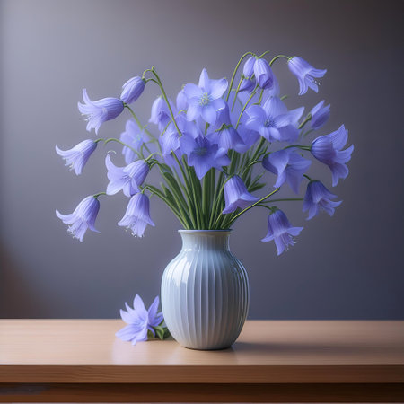 Fresh Bluebell flowers in a simple vase on a table with a minimalist backgroundの写真素材