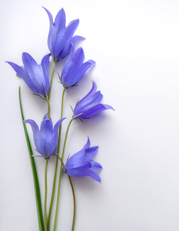 Fresh Bluebell flower garland foliage on side position provides copy space for text. background concept isolated whiteの写真素材