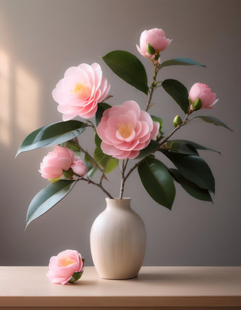 Fresh Camellia flowers in a simple vase on a table with a minimalist backgroundの写真素材