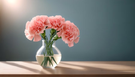 Fresh Carnation flowers in a simple vase on a table with a minimalist backgroundの写真素材