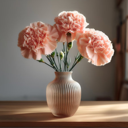 Fresh Carnation flowers in a simple vase on a table with a minimalist backgroundの写真素材