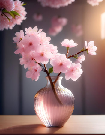 Fresh Cherry Blossom flowers in a simple vase on a table with a minimalist backgroundの写真素材