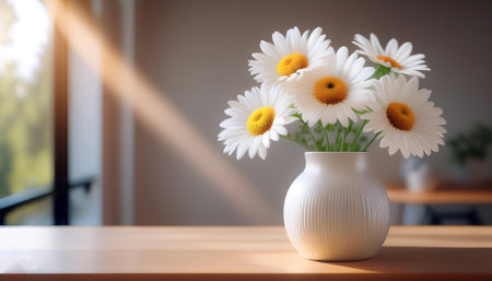 Fresh Daisy flowers in a simple vase on a table with a minimalist backgroundの写真素材
