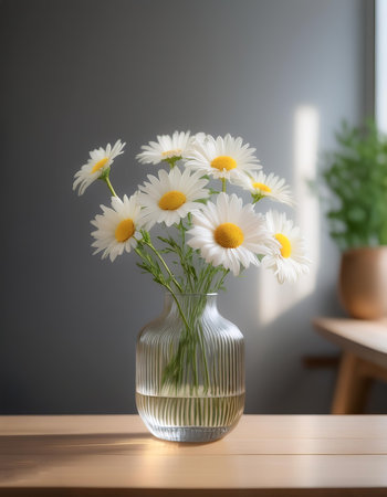 Fresh Daisy flowers in a simple vase on a table with a minimalist backgroundの写真素材