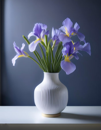 Fresh Iris flowers in a simple vase on a table with a minimalist backgroundの写真素材