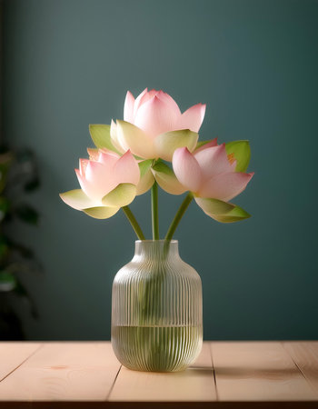 Fresh Lotus flowers in a simple vase on a table with a minimalist backgroundの写真素材