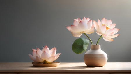 Fresh Lotus flowers in a simple vase on a table with a minimalist backgroundの写真素材