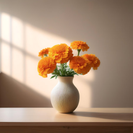 Fresh Marigold flowers in a simple vase on a table with a minimalist backgroundの写真素材