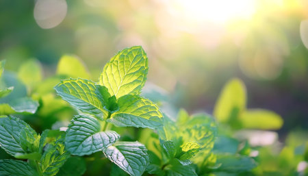 Fresh mint leaves on natural backgroundの写真素材