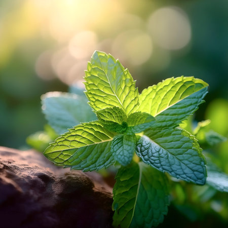 Fresh mint leaves on natural backgroundの写真素材