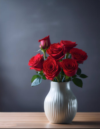 Fresh Red Rose flowers in a simple vase on a table with a minimalist backgroundの写真素材