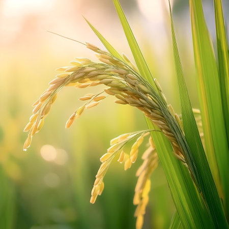 Fresh rice ear or paddy on natural background