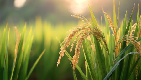 Fresh rice ear or paddy on natural backgroundの写真素材