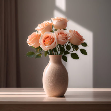 Fresh Rose flowers in a simple vase on a table with a minimalist backgroundの写真素材