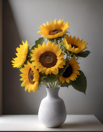Fresh Sunflower flowers in a simple vase on a table with a minimalist background
