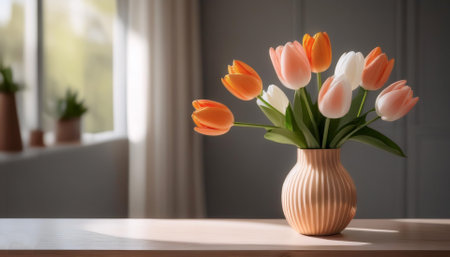 Fresh tulip flowers in a simple vase on a table with a minimalist backgroundの写真素材