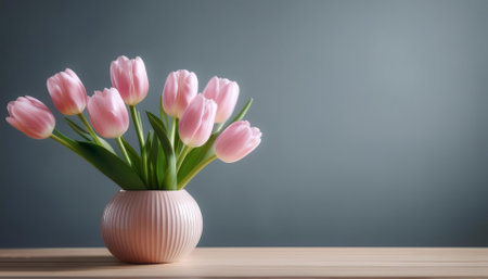 Fresh tulip flowers in a simple vase on a table with a minimalist backgroundの写真素材