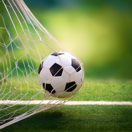 soccer ball in goal with green backgroungの写真素材