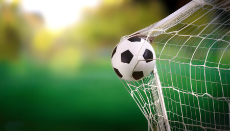 soccer ball in goal with green backgroungの写真素材