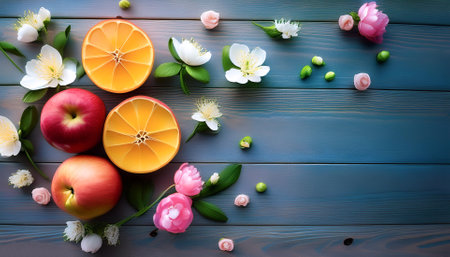 spring background. fruit flowers on wooden tableの写真素材