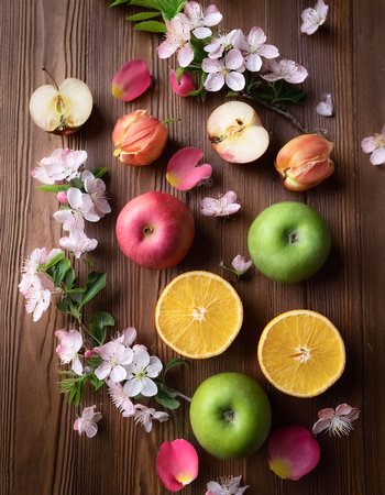 spring background. fruit flowers on wooden tableの写真素材