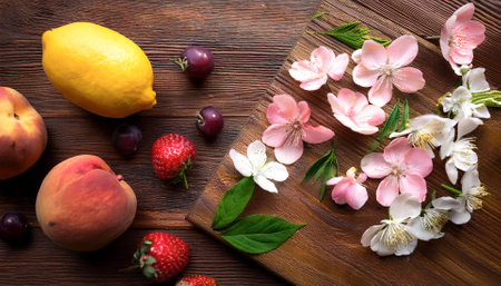 spring background. fruit flowers on wooden tableの写真素材